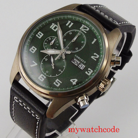 Corgeut-Reloj de pulsera de cuarzo para hombre, cronógrafo con esfera verde de 42mm, caja chapada en bronce, con función de día y semana ► Foto 1/6