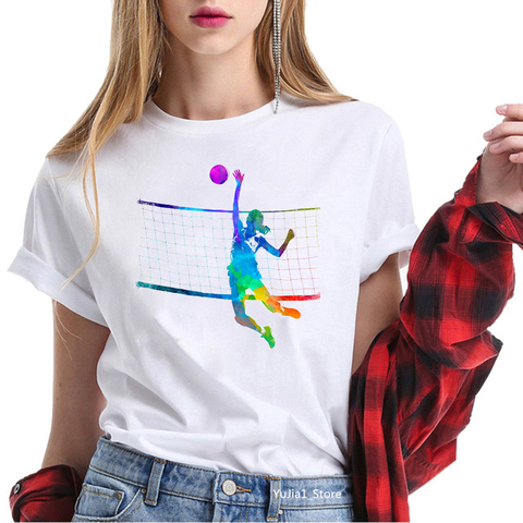 Camiseta de voleibol con acuarela para mujer, ropa deportiva con estampado para mujer, top blanco con estampado de acuarela, camisetas divertidas de verano 2022 ► Foto 1/6