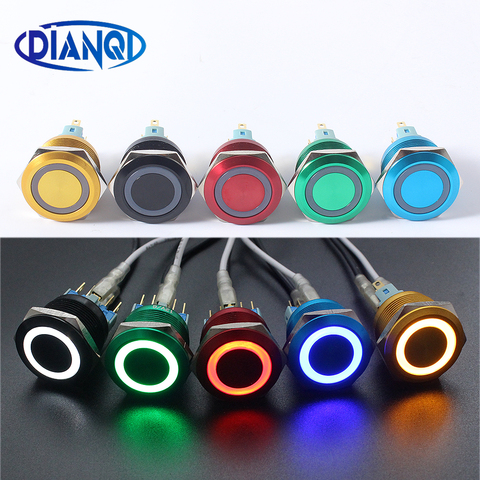 Interruptor de botón de metal para coche, interruptor de óxido de aluminio de 22mm, anillo led redondo momentáneo/enganche de 6 pines, interruptores retroiluminados impermeables de 12V, 24V y 220V ► Foto 1/4