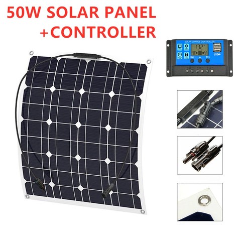 Panel solar flexible de 50W, salida USB Dual, células solares a prueba de agua 10A/20A/30A/40A/50A/60A, controlador para cargador de batería de 12V/24V ► Foto 1/1