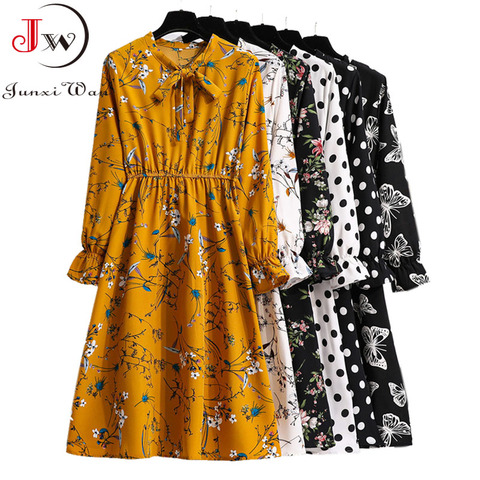 Las mujeres Casual primavera otoño vestido de estilo coreano Vintage Floral Camisa estampada manga larga vestido lazo elegante Midi verano Vestidos ► Foto 1/6