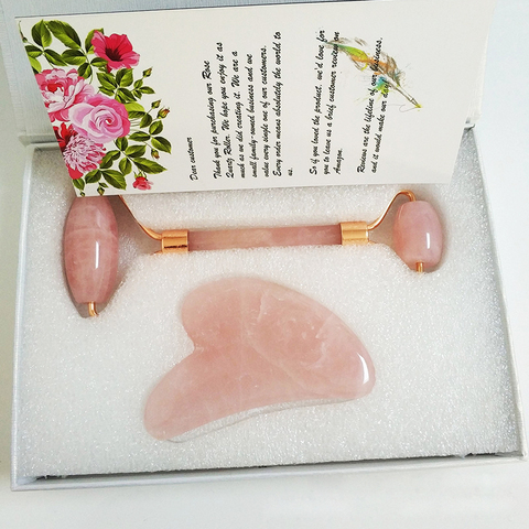 Rodillo de cuarzo rosa natural para masaje facial, rodillo de jade masajeador, piedra de cuarzo rosa natural, masaje facial, adelgazamiento, salud y belleza, herramienta cosmética ► Foto 1/6