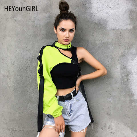 HEYounGIRL-Camiseta verde neón con un hombro al descubierto, Top con cuello Halter, camiseta reflectante Harajuku negro, ropa urbana de Hip Hop para mujer ► Foto 1/6