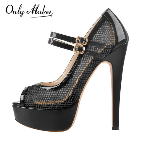 Onlymaker-Sandalias de plataforma Peep Toe para mujer, zapatos con pinchos de malla, tacón alto fino, zapatos de fiesta, color rojo y negro, talla grande ► Foto 1/6