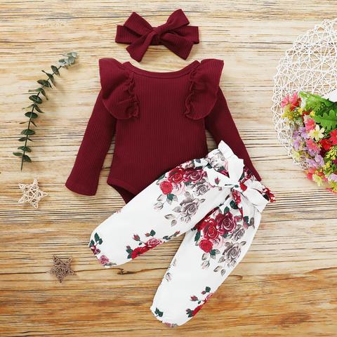 Conjunto de ropa para niña recién nacida, Pelele de manga larga con estampado de flores y volantes, pantalones y Diadema, 3 uds. ► Foto 1/6