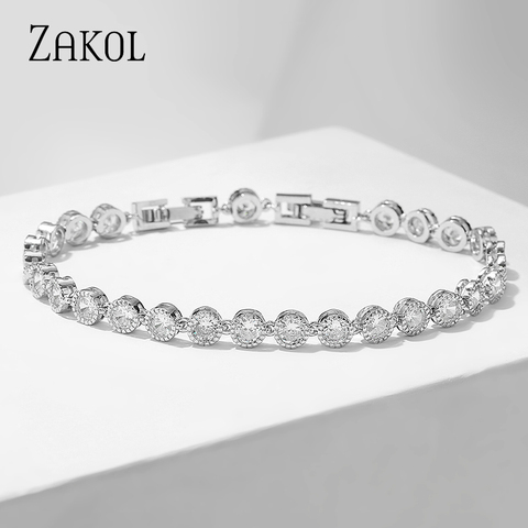 ZAKOL-pulsera de boda de circonia cúbica de lujo para hombre y mujer, Pulseras de tenis con cadena con diamantes de cristal, pulsera de Color dorado y plateado ► Foto 1/6