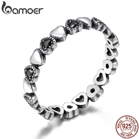 Anillo apilable de plata de ley 925 auténtica de BAMOER, anillos de dedo con corazón negro CZ para mujer, joyería de aniversario de bodas Anel SCR140 ► Foto 1/6