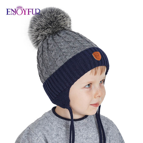 ENJOYFUR-gorro de bebé de invierno de piel de zorro Real, Gorro con pompón de punto, gorra de algodón, protector de orejas, gorros gruesos cálidos para niños ► Foto 1/6