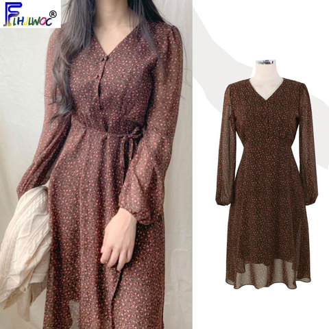 Vestidos básicos de manga larga con estampado Floral para mujer, ropa de estilo coreano, diseño bonito, Vintage, Otoño, 9202 ► Foto 1/6