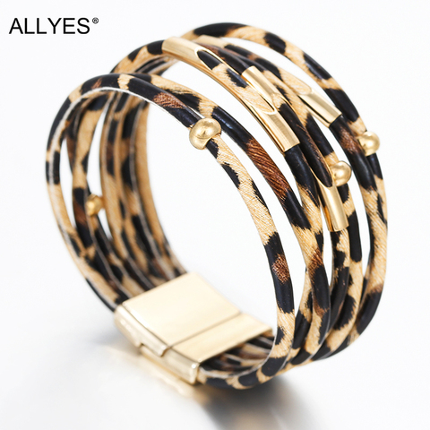 ALLYES-pulsera de cuero de leopardo para mujer, joyería de moda, tubo de Metal, pulseras envolventes multicapa bohemias anchas, 2022 ► Foto 1/6