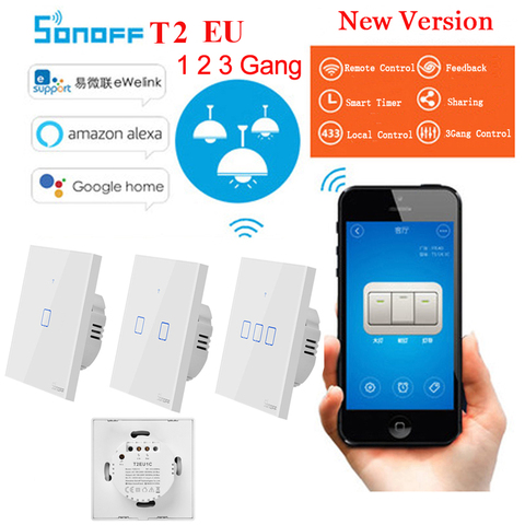 Sonoff-enchufe inteligente TX T2 EU 1 2 3 entradas, WIFI, Control remoto en casa, 433 RF, temporizador de pared, funciona con Alexa ► Foto 1/1