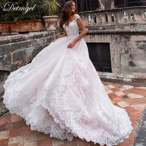 Detmgel hermosa tapa de apliques de manga vestido de boda Vestido 2022 elegante cuello redondo botón corte tul tren vestido de novia de la vendimia ► Foto 1/6