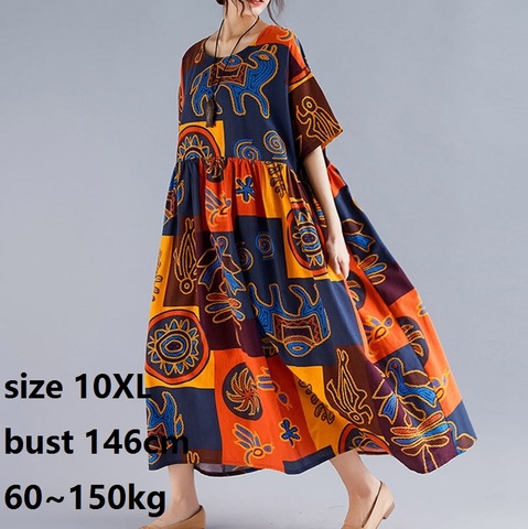 Las mujeres estampado étnico vestido de talla grande 10XL 60 ~ 150KG grande de verano vestido Vintage Floral grande traje de mujer de lino de algodón vestido Maxi ► Foto 1/6