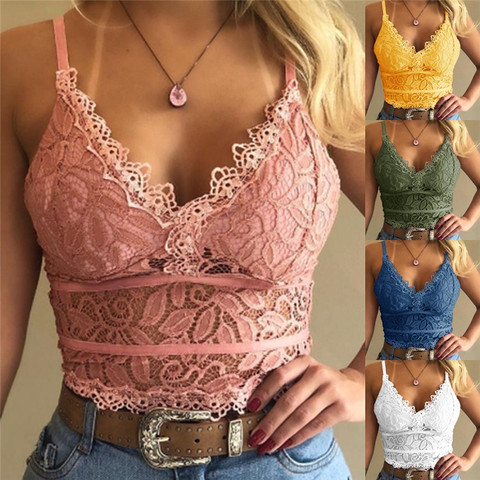 Sujetador de encaje floral acolchado para mujer, bralette de realce, lencería sexy, corsé, camisola, ropa interior, transparente sin aros, tops cortos ► Foto 1/6