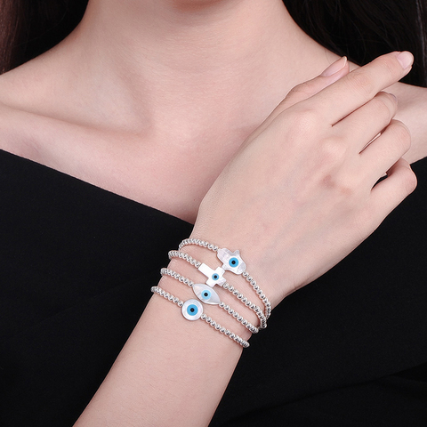 New Fashion Elastic String Mother of Pearl Shell Hamsa Hand of Fatima Evil Eye Cross with 925 Sterling Silver Bead Bracelet ► Foto 1/6
