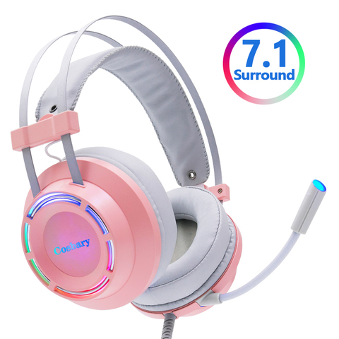 Auriculares para videojuegos con cable y micrófono, cascos para jugadores profesionales, RGB sonido envolvente 7,1, luz para PC, ordenador, Xbox One, color rosa ► Foto 1/6
