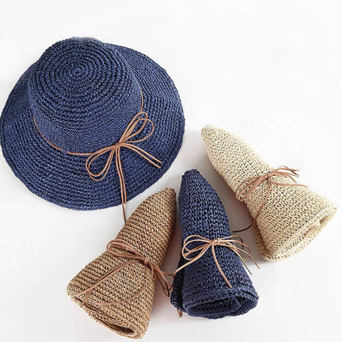 Doitbest-sombreros de paja con lazo plegable para mujer, gorros de paja con lazo para el Sol, para playa, unisex ► Foto 1/6