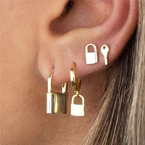 Modyle-Conjunto de 4 pendientes con cierre de llave, estilo Punk Vintage, dorado y plateado, venta al por mayor ► Foto 1/6