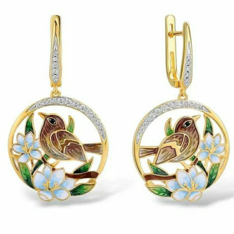 2022 marca Nueva joyería de las mujeres elegante lindo flor pájaro pendientes Retro de gota de esmalte colorido AAA Zircon incrustaciones pendientes de boda ► Foto 1/2