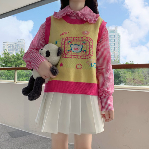 Japonés invierno nueva dulce y femenino estilo Preppy lindo JK estudiante suéteres sueltos Kawaii dibujos animados de punto jersey chaleco sin mangas ► Foto 1/6