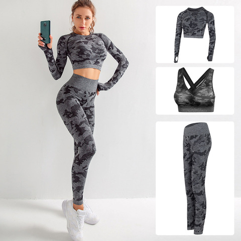 Conjunto de gimnasio para mujer, ropa de Yoga de 2 piezas, Sujetador deportivo y mallas para correr, para ejercicio sin costuras, medias deportivas, traje deportivo de Fitness ► Foto 1/6