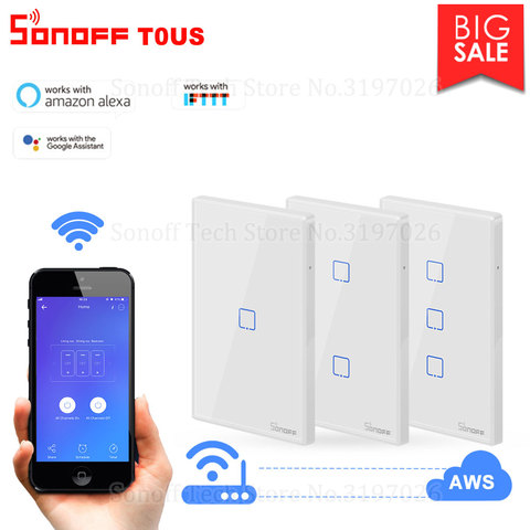 Sonoff-Interruptor de pared Itead T0US, control remoto con Wifi, funciona con Alexa y Google Home, tamaño 120, 1/2/3 entradas, TX ► Foto 1/6