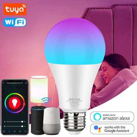 Bombilla LED inteligente Tuya, con WiFi, 12w, 15w, E27, lámpara LED RGB + blanco cálido, funciona con la aplicación de temporizador regulable Alexa Google Home ► Foto 1/6