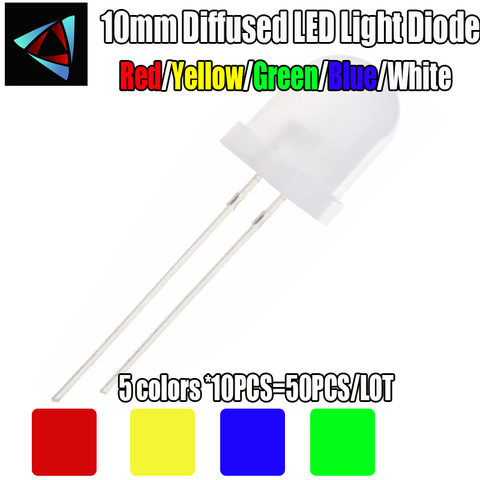 50 Uds (5 colores x 10 uds) 10mm LED diodo difundido 10mm 3V conjunto emisor de luz blanco, verde, rojo, amarillo, azul ► Foto 1/1