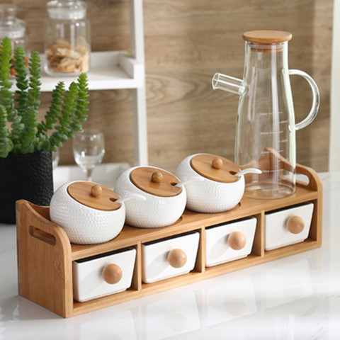 Accesorios de cocina 1-7 unids/set de condimento hierba conjunto bandeja de madera especia frasco con tapa de madera condimento caja de Salt Shaker ► Foto 1/6