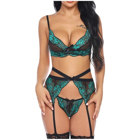 Conjunto de sujetadores bordados para mujer, ropa interior con encaje floral, perspectiva de realce, liga, Tanga, Sexy ► Foto 1/6