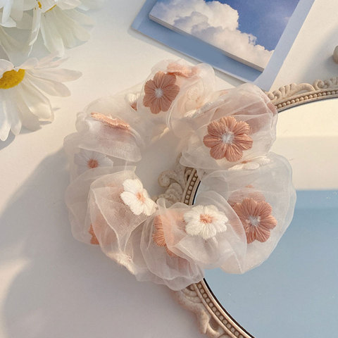 Cintas para el pelo de malla con flores bordadas para mujer, lazos románticos para el pelo de Organza de tul transparente rosa y azul, accesorios para el cabello ► Foto 1/6