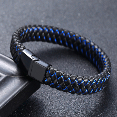 Pulsera de cuero trenzado Punk para hombre, brazalete de acero inoxidable con cierre magnético, color negro y azul ► Foto 1/6