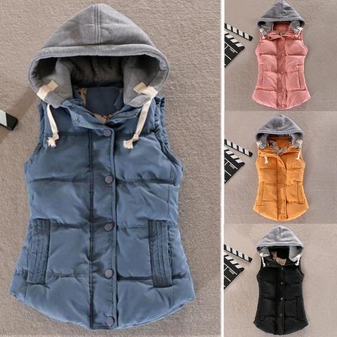 Chaleco con capucha acolchado de algodón para mujer, chaqueta sin mangas con cremallera, chaleco con bolsillos de Color sólido para invierno ► Foto 1/6