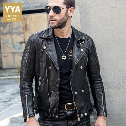 Chaqueta de cuero genuino ajustada para hombre, abrigo de piel de oveja bronceada con hebilla, chaqueta de motorista de diseñador con cremallera, ropa de abrigo ► Foto 1/6