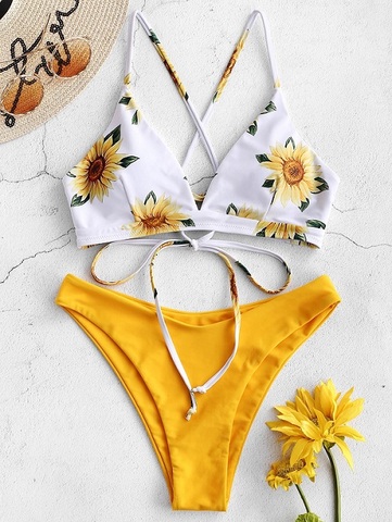 Conjunto de bikini con estampado de girasoles para mujer, bikini con relleno con push-up, traje de baño sexy de estilo bandage 2022 ► Foto 1/6