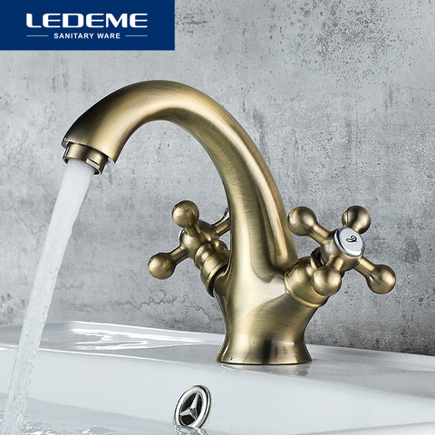 LEDEME Cuenca del grifo de bronce cepillado en el baño de agua fría y caliente grifo clásico lavabo de diseño clásico fregadero mezclador baño grifos L1019C ► Foto 1/6