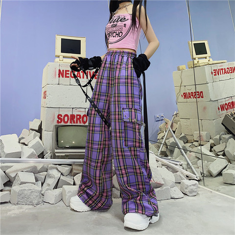QWEEK Mall-pantalones Cargo góticos Y2K para mujer, pantalones a cuadros morados Hippie, ropa de calle Harajuku, pantalones a cuadros con cadena, pantalones de cintura alta ► Foto 1/6