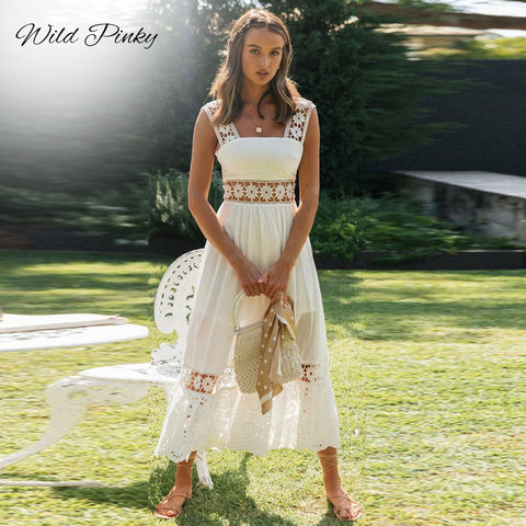 WildPinky-vestido de encaje calado elegante para mujer, vestido bohemio liso con tirantes finos, Midi de algodón blanco para verano, 2022 ► Foto 1/5