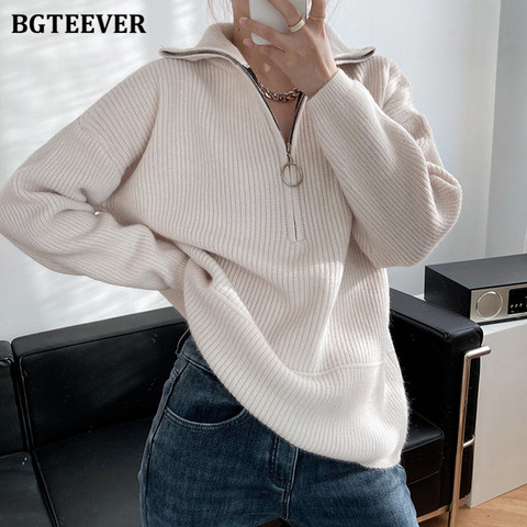 BGTEEVER-suéteres de cuello alto con cremallera para mujer, Jersey informal de manga larga gruesa, Tops de punto para mujer 2022 ► Foto 1/6