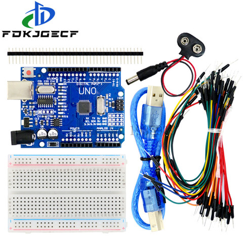 Kit de iniciación para Arduino Uno R3, paquete de 5 artículos: Uno R3, placa de pruebas, cables de puente, Cable USB y conector de batería de 9V ► Foto 1/6