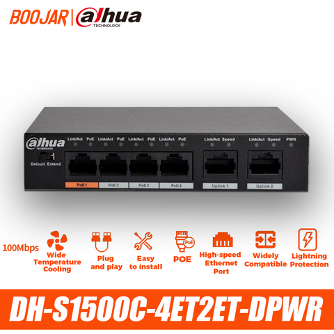 Dahua-conmutador PoE de 4 canales, DH-S1500C-4ET2ET-DPWR, 4 canales, compatible con protocolo PoE + Hi-PoE ► Foto 1/4