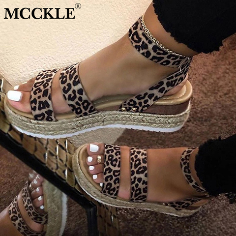 Sandalias de plataforma plana MCCKLE para mujer, zapatos de mujer con fondo de cáñamo y leopardo, sandalias informales de verano con hebilla de Pu, sandalias para mujer de talla grande para mujer ► Foto 1/6