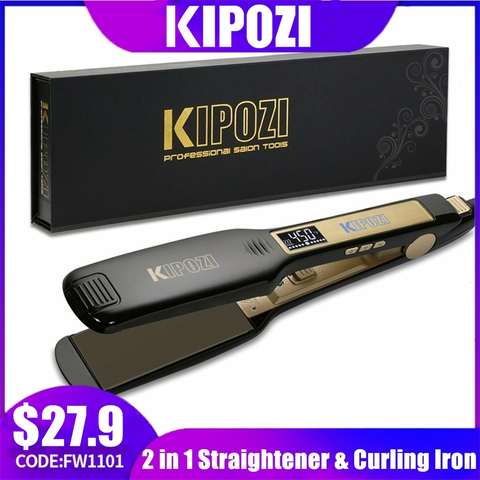 KIPOZI-plancha de cabello de titanio profesional, plancha plana con pantalla LCD Digital, doble voltaje, rizador de calefacción instantáneo ► Foto 1/6