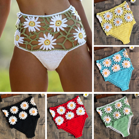 Bikini de cintura alta con flores de ganchillo para mujer, ropa interior de algodón, pantalones cortos, 2022 ► Foto 1/6