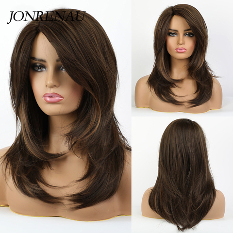 JONRENAU-pelucas de pelo largo Natural, resistente al calor, pelo marrón sintético con flequillo para mujeres blancas/negras ► Foto 1/6