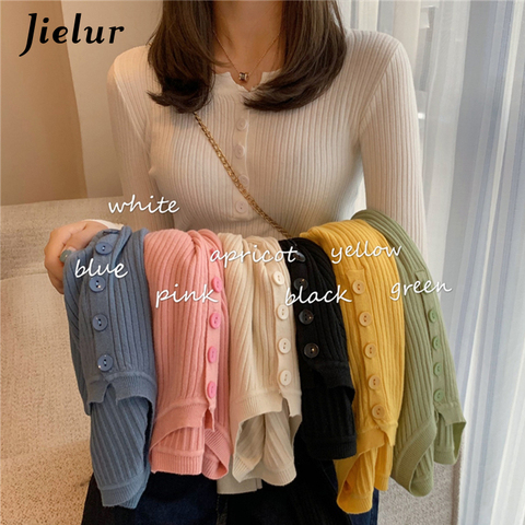 Jielur de las mujeres, suéter de Color sólido jerséis con cuello ovalado manual básico para mujer botón Chic Jersey suave Slim jerséis tejidos de otoño ► Foto 1/6