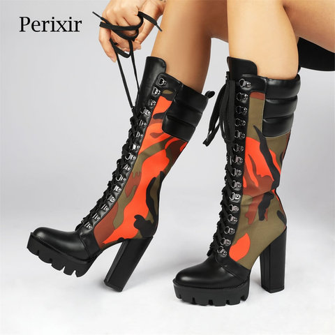 Perixir-botas con estampado de camuflaje para mujer, Botas Largas de tacón grueso con plataforma, hasta la rodilla ► Foto 1/6