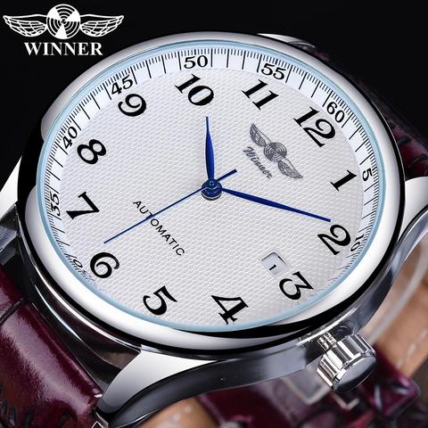 Winner-Calendario de diseño clásico Retro para hombre, reloj mecánico automático a la moda, con correa marrón y manos azules, de lujo ► Foto 1/6