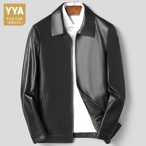 Chaqueta de cuero ovino genuino para hombre, chaqueta de cuero ovino genuino con cremallera y cuello de solapa, abrigo de corte delgado para hombre de negocios, chaqueta de cuero para motociclista ► Foto 1/5