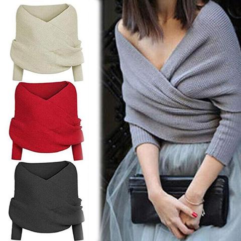 Suéter Sexy con cuello en V y hombros descubiertos para mujer, jersey liso informal de manga larga, tejido de punto para otoño e invierno, 2022 ► Foto 1/6